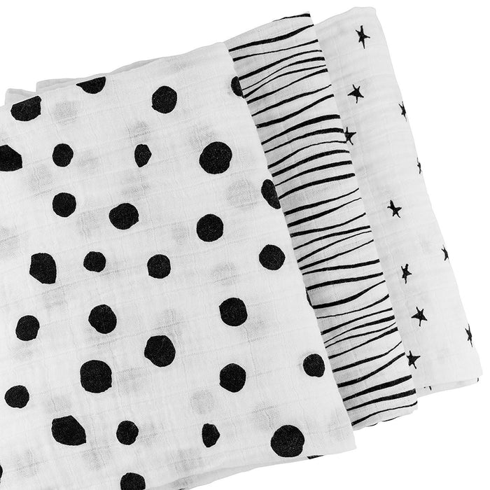 3 Pack Cotton Muslin Swaddle Blanket - Black & White Abstract