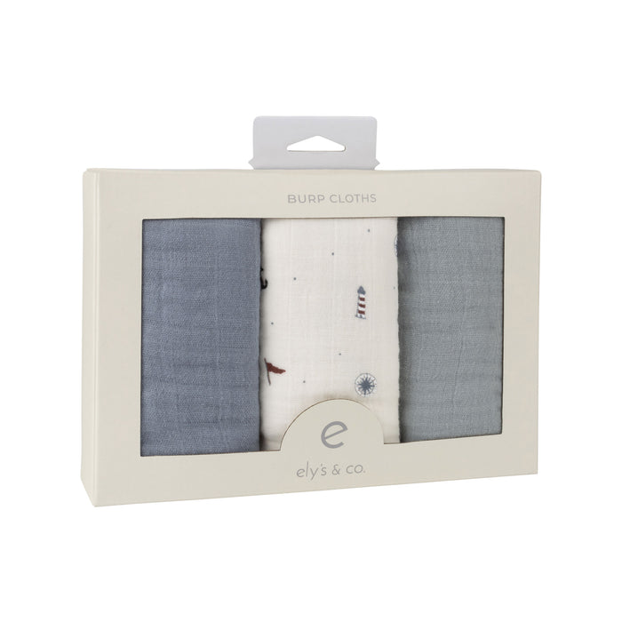 blue nautical Muslin Burp Cloth packaged