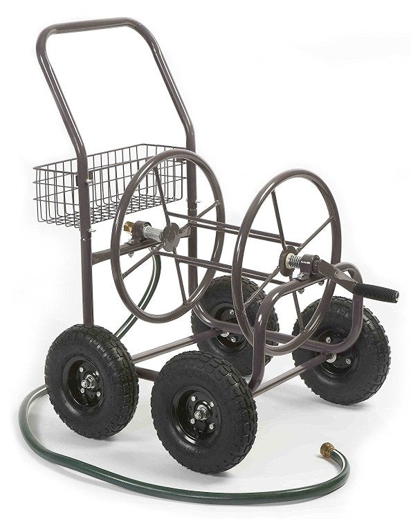4 Wheel Garden Hose Reel Cart - 5/8 x 250 ft Capacity with Basket