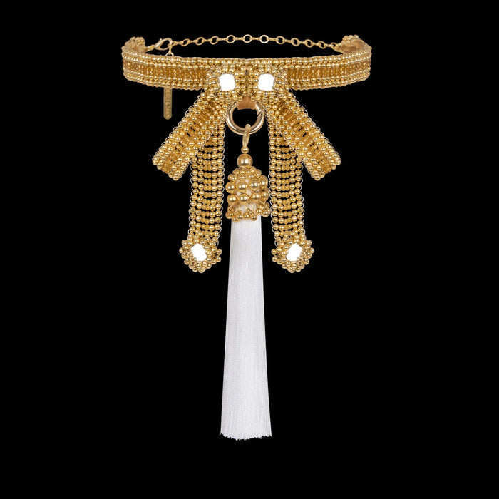 Object & Dawn Beaded Necklace Amaya Bow CHoker gold with white 5" Tassel, ghost image front view