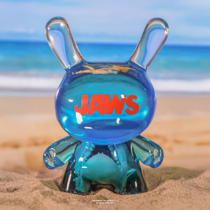 8-inch JAWS Dunny resin art figure celebrating 50th anniversary, featuring detailed shark and ocean scene design.
