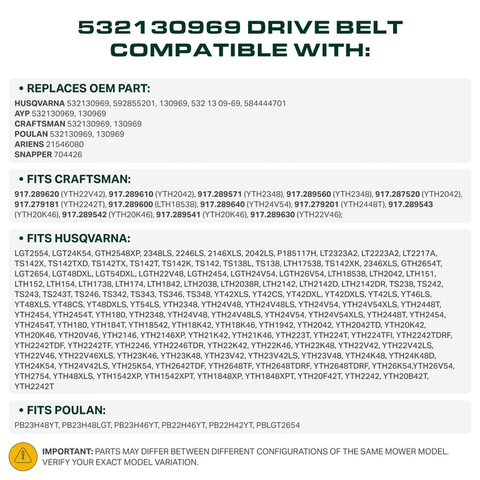 532130969, 130969 Mower Drive Belt Replacement for Husqvarna YTH18542, YTH22V46, LGT2654 & More | Aramid Cord