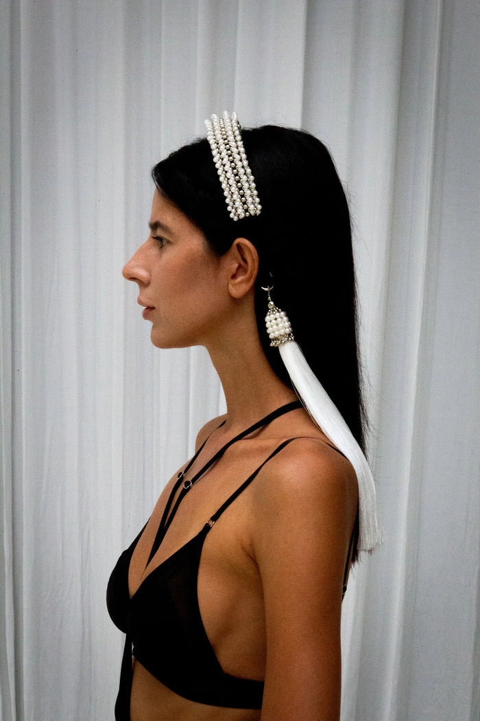 handcrafted modular headband in polymer silver coated and syntethic japanese beads by object and dawn