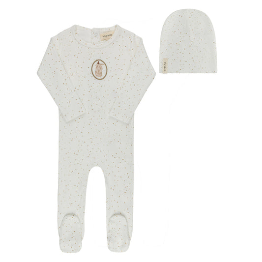 Baby Boy Footie and Beanie – Ivory Tan – Speckled Bunny