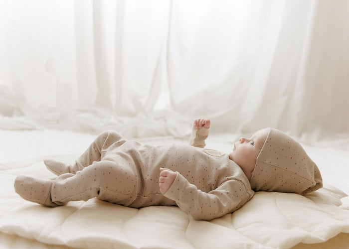Baby Boy Footie and Beanie – Tan – Speckled Bunny