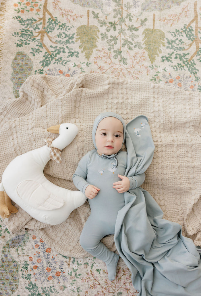 Baby Boy Footie and Bonnet – Blue – Cross Stitch Duckling
