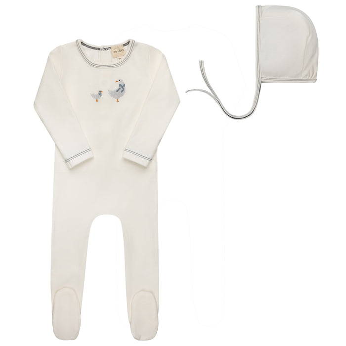 Baby Boy Footie and Bonnet – Ivory Blue – Cross Stitch Duckling
