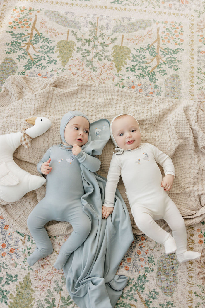Baby Boy Footie and Bonnet – Ivory Blue – Cross Stitch Duckling