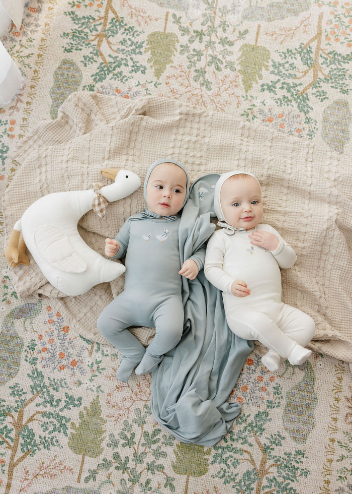 Baby Boy Footie – Ivory Blue – Cross Stitch Duckling