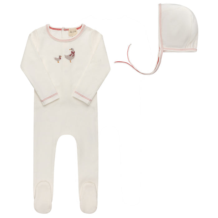 Baby Girl Footie and Bonnet – Ivory Pink – Cross Stitch Duckling