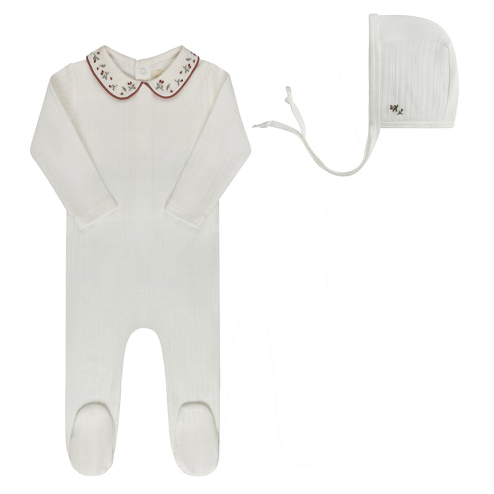 Baby Girl Footie and Bonnet – Ivory Pink – Embroidered Collar