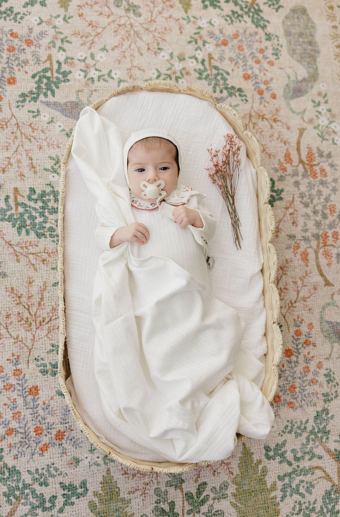 Baby Girl Footie and Bonnet – Ivory Pink – Embroidered Collar