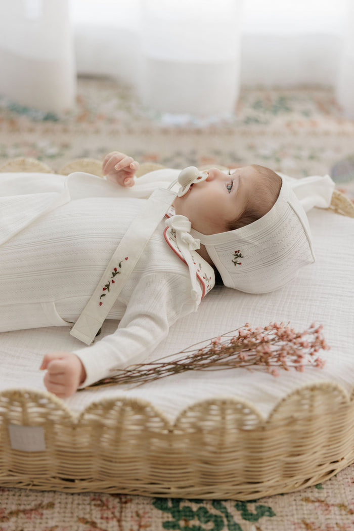 Baby Girl Footie and Bonnet – Ivory Pink – Embroidered Collar