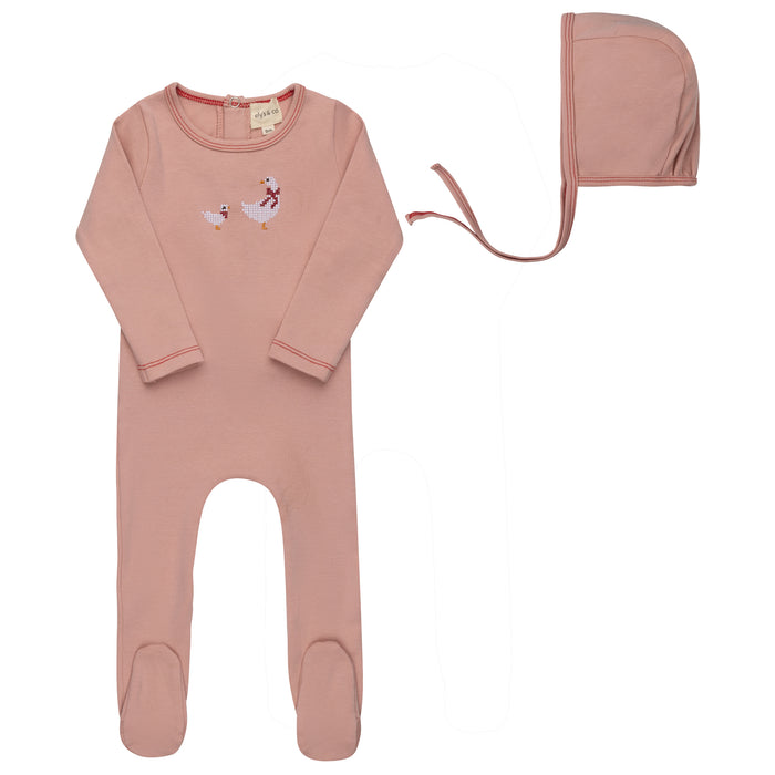 Baby Girl Footie and Bonnet – Pink – Cross Stitch Duckling