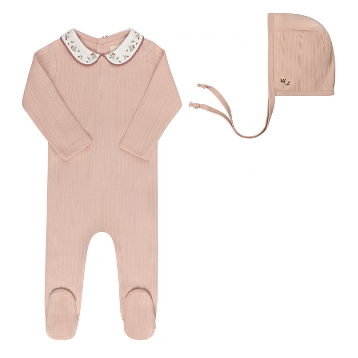 Baby Girl Footie and Bonnet – Pink – Embroidered Collar