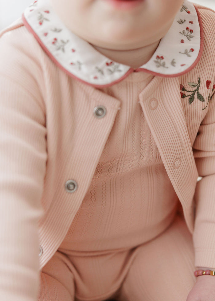 Baby Girl Footie and Bonnet – Pink – Embroidered Collar
