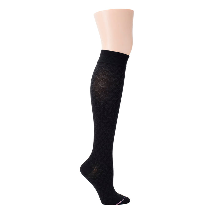 Knee-high black compression socks with a basket weave pattern and a solid cuff at the top.