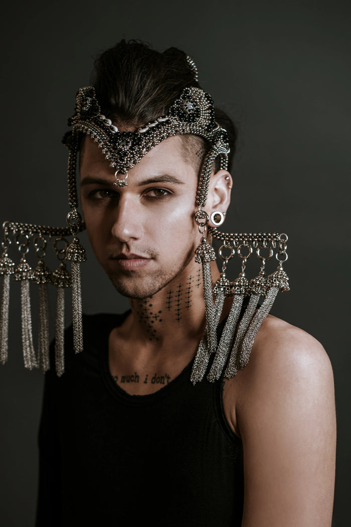 handcrafted jas modular headpiece system with silver coated polymer metal beads and black crystals by object and dawn front