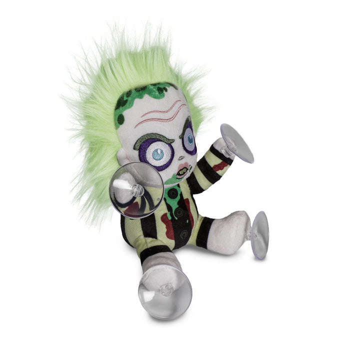 Blue plush Beetlejuice window clinger featuring Baby Beetlejuice, designed for easy attachment to windows.