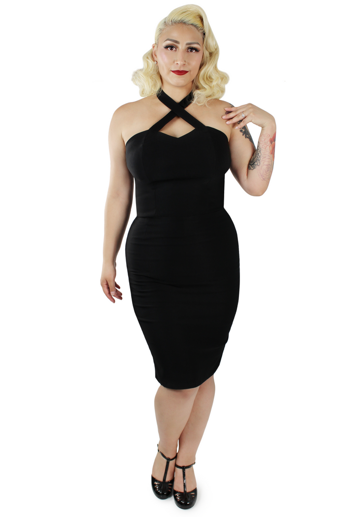Model wearing dress, front