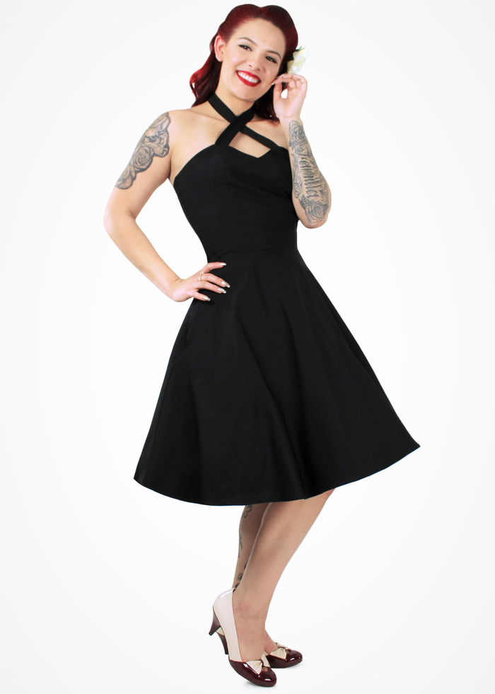 model wearing criss cross circle dress front