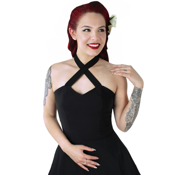 Model wearing dress, close