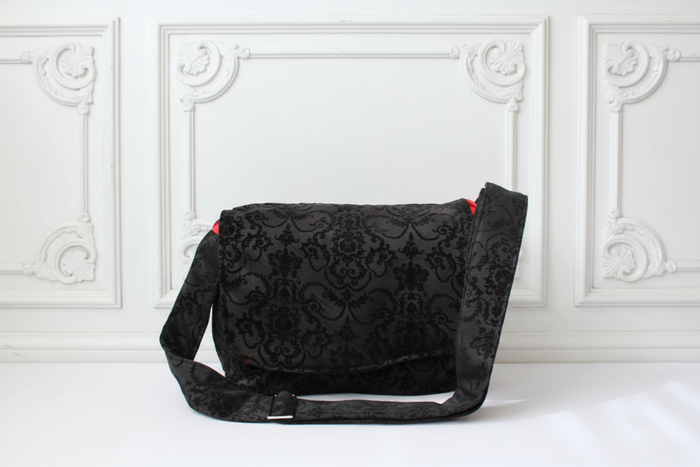 Black Damask Messenger Bag, Victorian Style Crossbody Purse