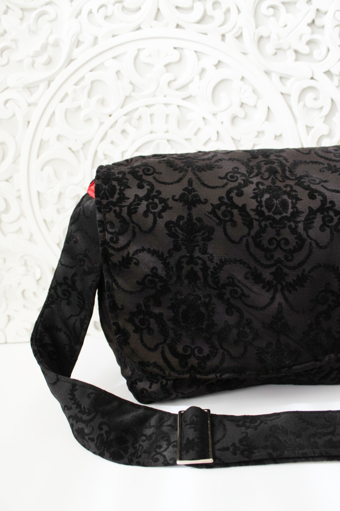 Black Damask Messenger Bag, Victorian Style Crossbody Purse