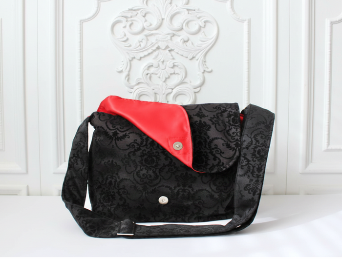 Black Damask Messenger Bag, Victorian Style Crossbody Purse