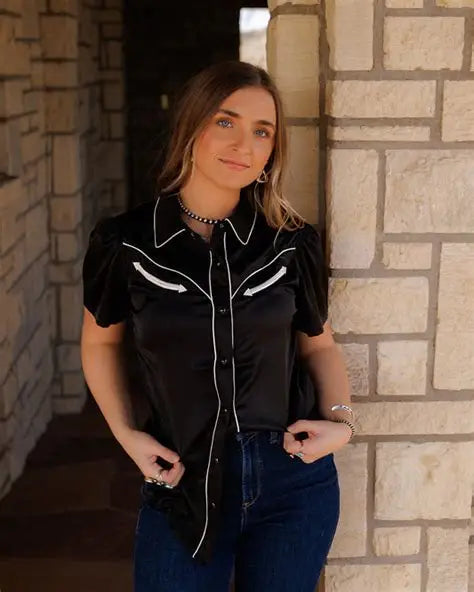 Black Denim Short Sleeve Pearl Snap