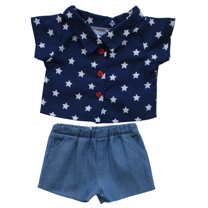 BLC C Outfit 2pc Blue Shirt White Stars/Denim Shorts Fits 20"