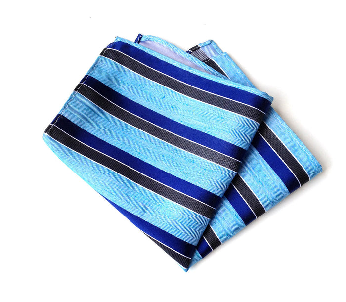 Blue diagonal striped linen + silk blend woven pocket square.