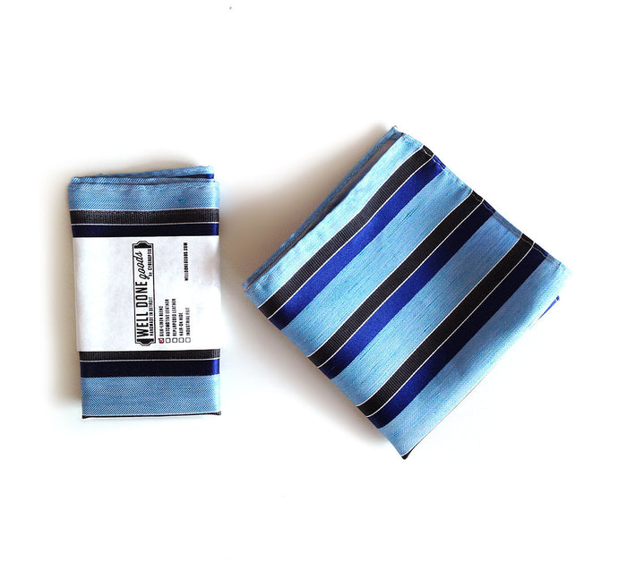 Blue diagonal striped linen + silk blend woven pocket square.