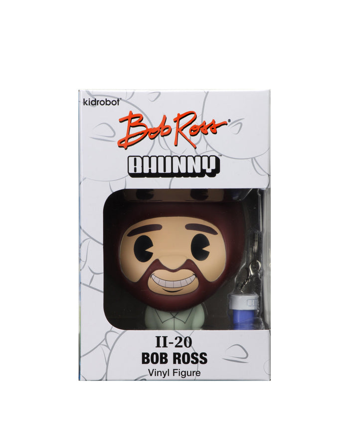 Kidrobot Bob Ross BHUNNY 4-inch vinyl figure, featuring the iconic artist's likeness with vibrant colors and detailed design.