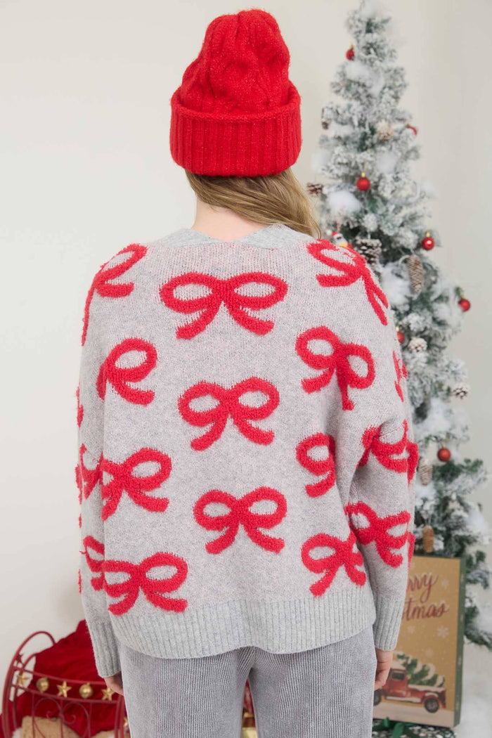 BOW PATTERN BUTTON DOWN KNIT CARDIGAN