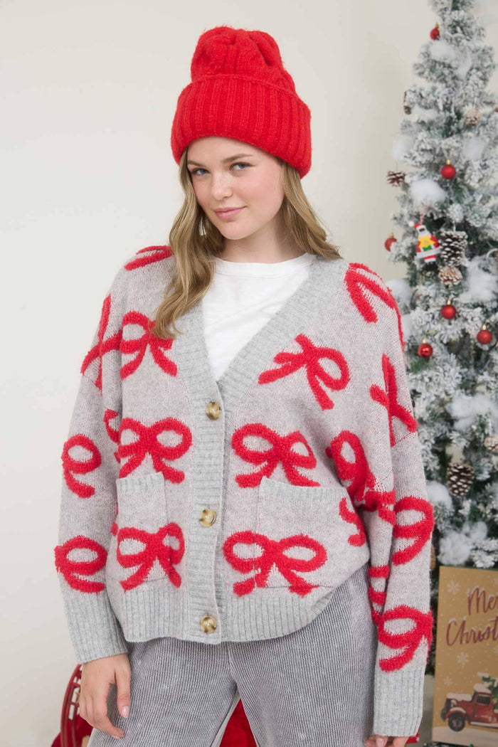 BOW PATTERN BUTTON DOWN KNIT CARDIGAN