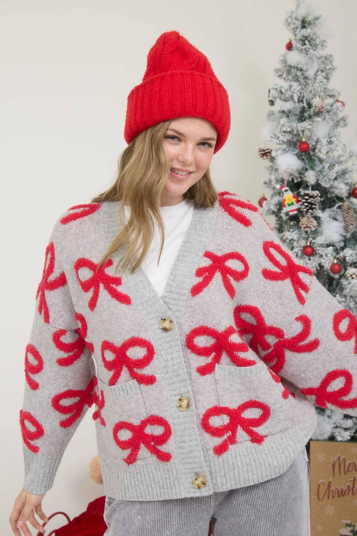 BOW PATTERN BUTTON DOWN KNIT CARDIGAN