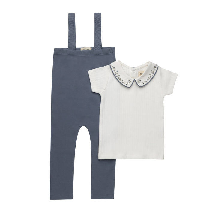 Boys T-shirt and Overalls – Ivory Blue – Embroidered Collar
