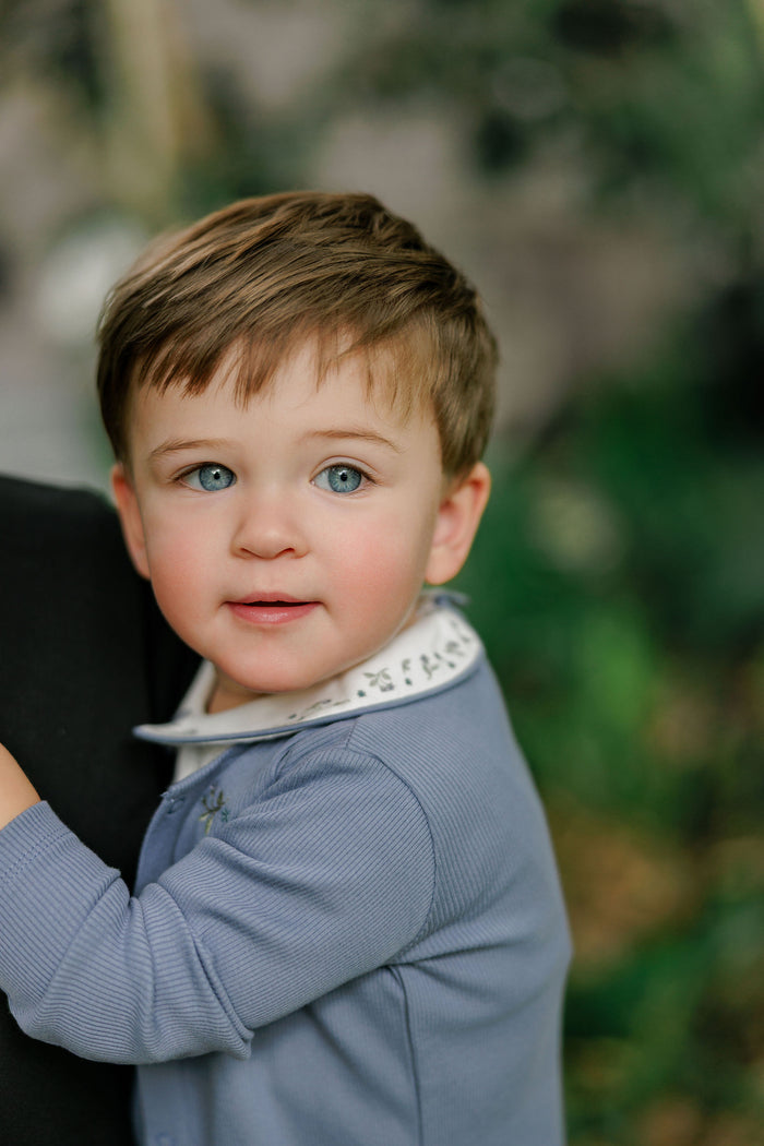 Boys T-shirt and Overalls – Ivory Blue – Embroidered Collar