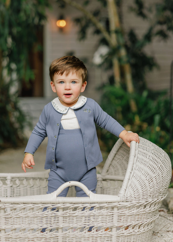 Boys T-shirt and Overalls – Ivory Blue – Embroidered Collar