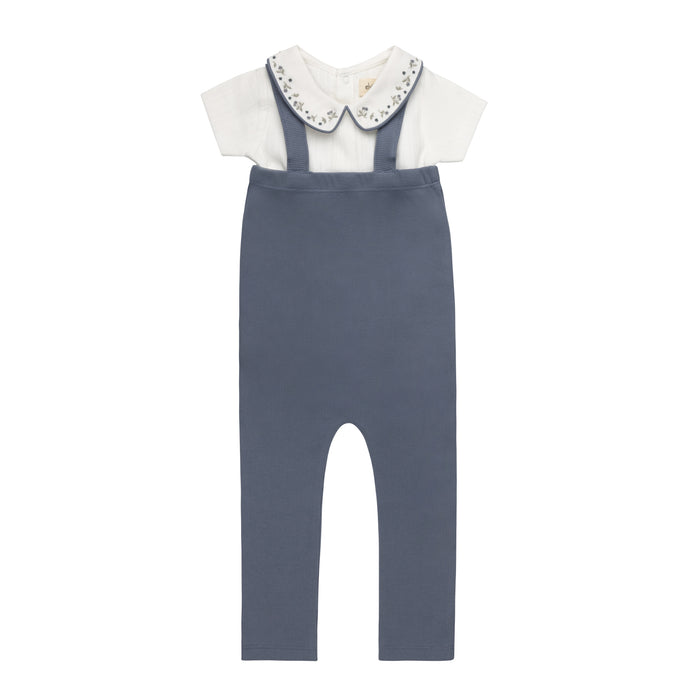 Boys T-shirt and Overalls – Ivory Blue – Embroidered Collar