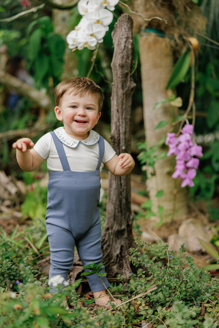 Boys T-shirt and Overalls – Ivory Blue – Embroidered Collar