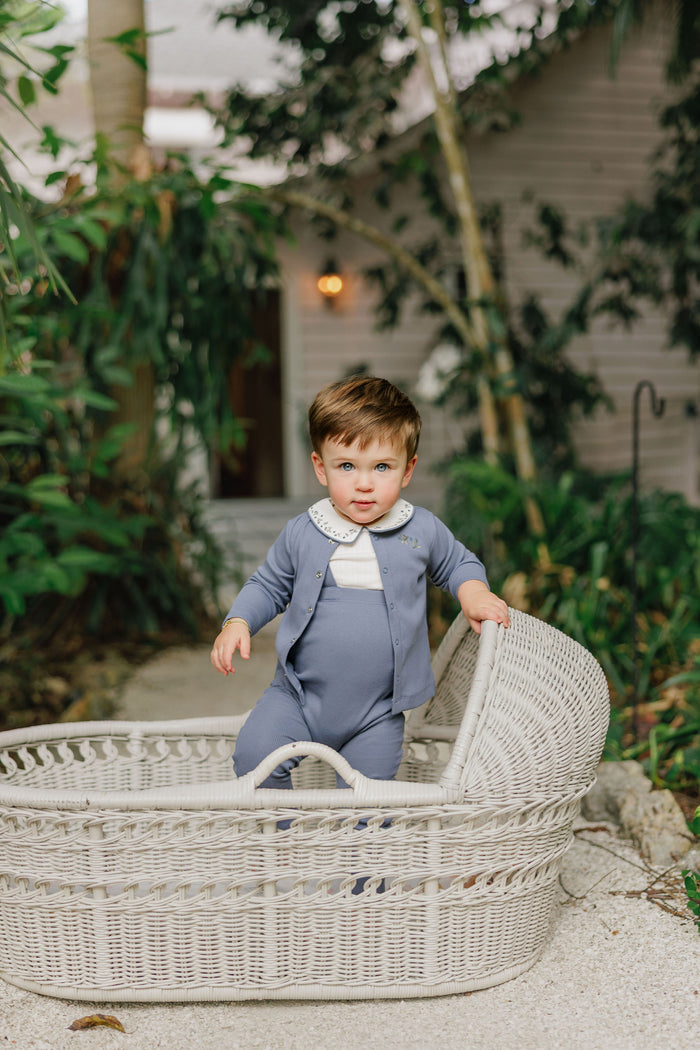 Boys T-shirt and Overalls – Ivory Blue – Embroidered Collar