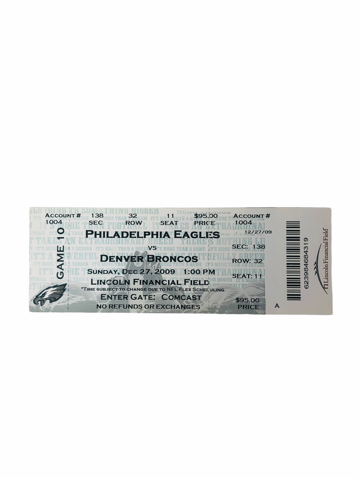 BRIAN DAWKINS RETURNS TO PHILLY PHILADELPHIA EAGLES BRONCOS 2009 GAME TICKET