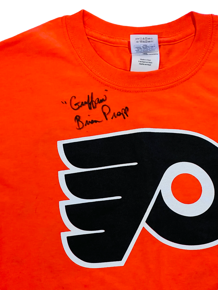BRIAN PROPP PHILADELPHIA FLYERS SIGNED GUFFAW T-SHIRT ADULT SMALL