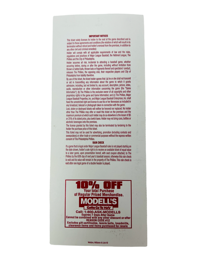CHASE UTLEY DEBUT PHILADELPHIA PHILLIES  VETERANS STADIUM 2003 OPENING DAY COMMEMORATIVE TICKET
