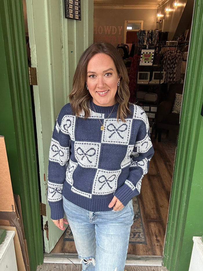 Checkerboard Bow Holiday Sweater