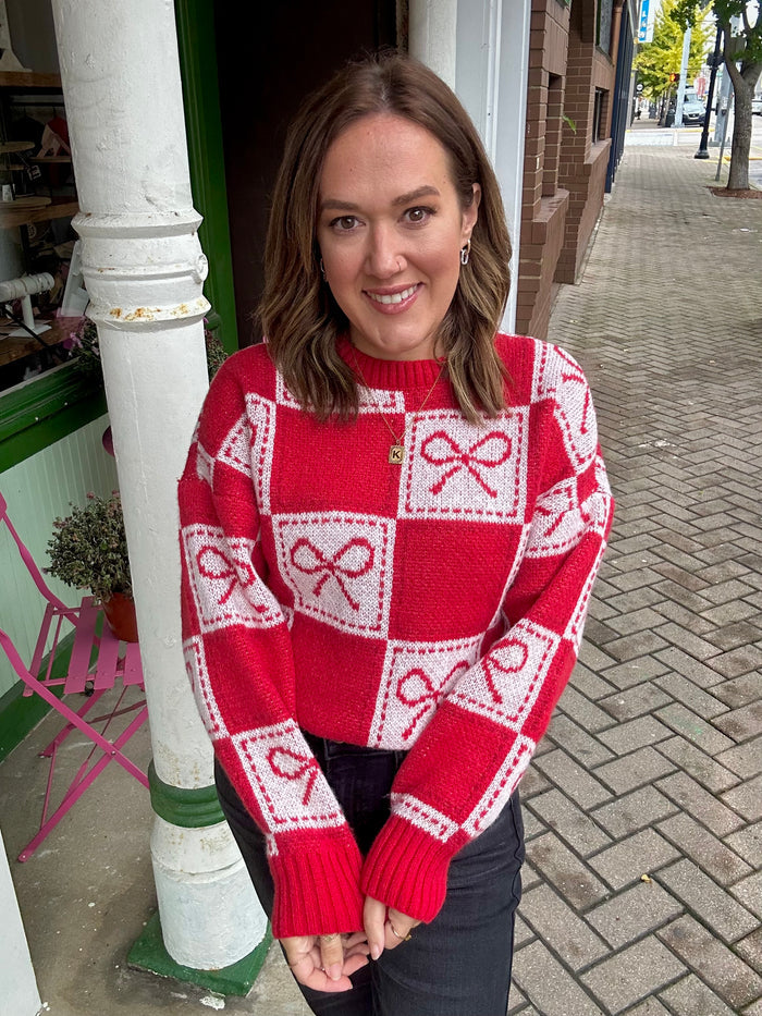 CHECKERED BOW JACQUARD CREWNECK KNIT SWEATER
