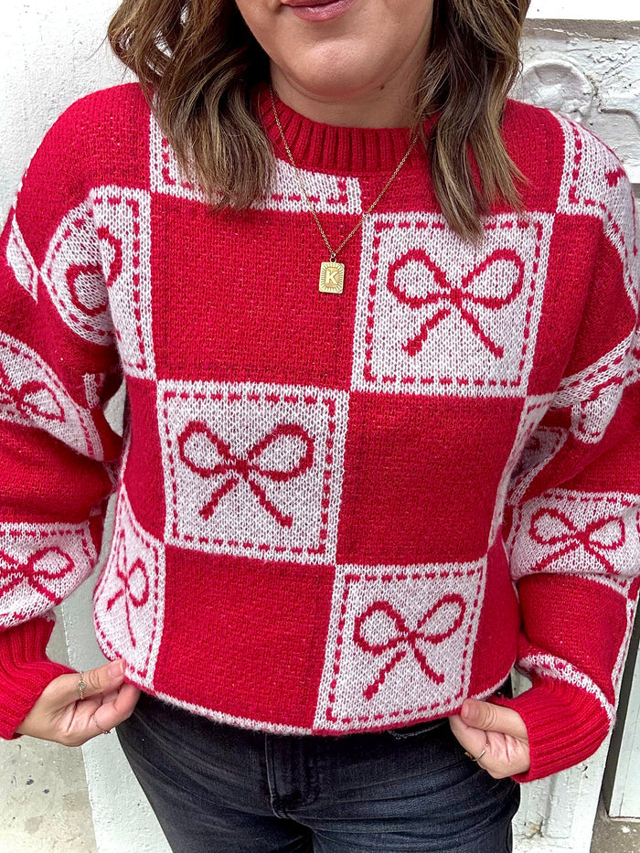 CHECKERED BOW JACQUARD CREWNECK KNIT SWEATER