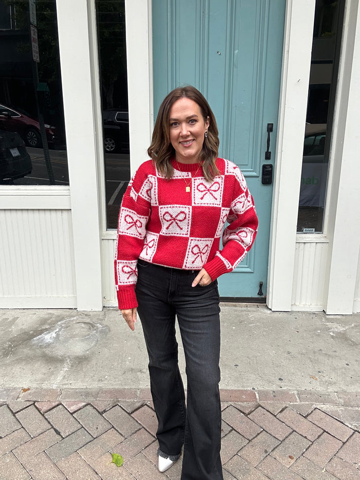 CHECKERED BOW JACQUARD CREWNECK KNIT SWEATER
